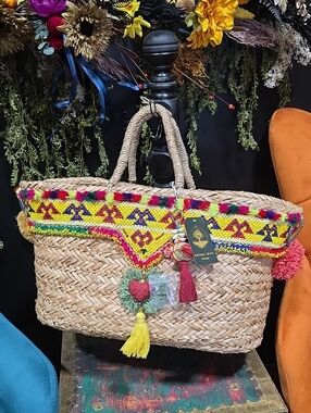 Artisan OOAK Hand Embellished Large Straw Tote Bag